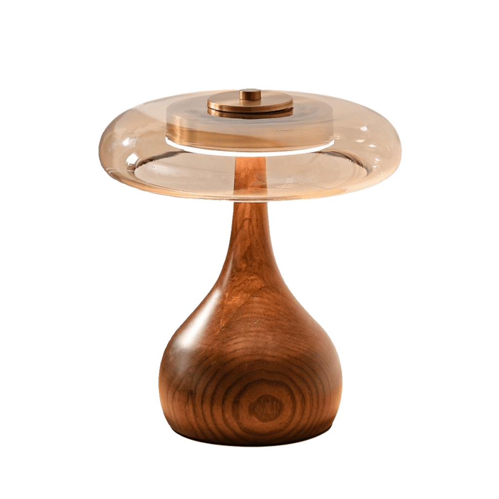 Wooden Table Lamp | Amber Glass Shade, Integrated LED & Warm Light for Indoor Use