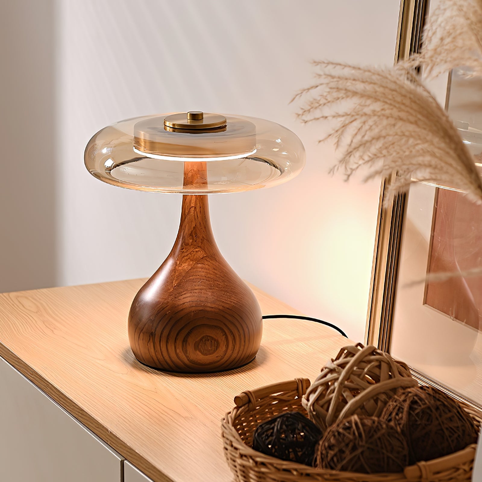 Wooden Table Lamp | Amber Glass Shade, Integrated LED & Warm Light for Indoor Use