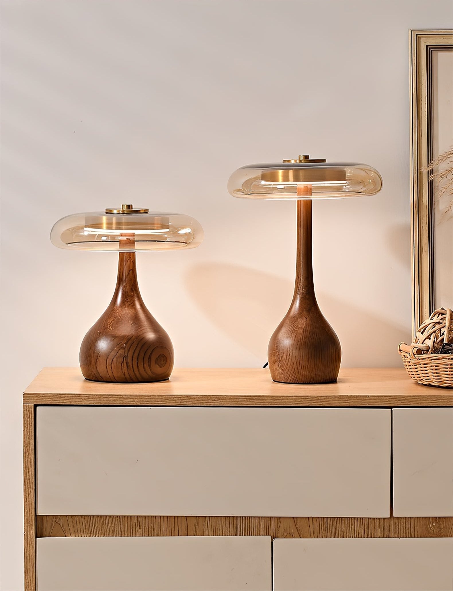 Wooden Table Lamp | Amber Glass Shade, Integrated LED & Warm Light for Indoor Use