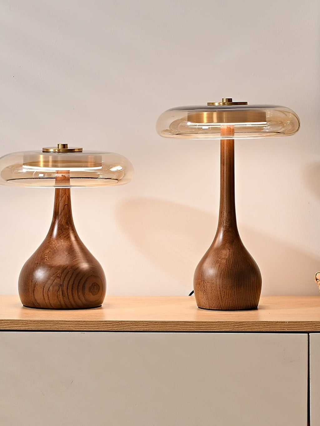 Wooden Table Lamp | Amber Glass Shade, Integrated LED & Warm Light for Indoor Use