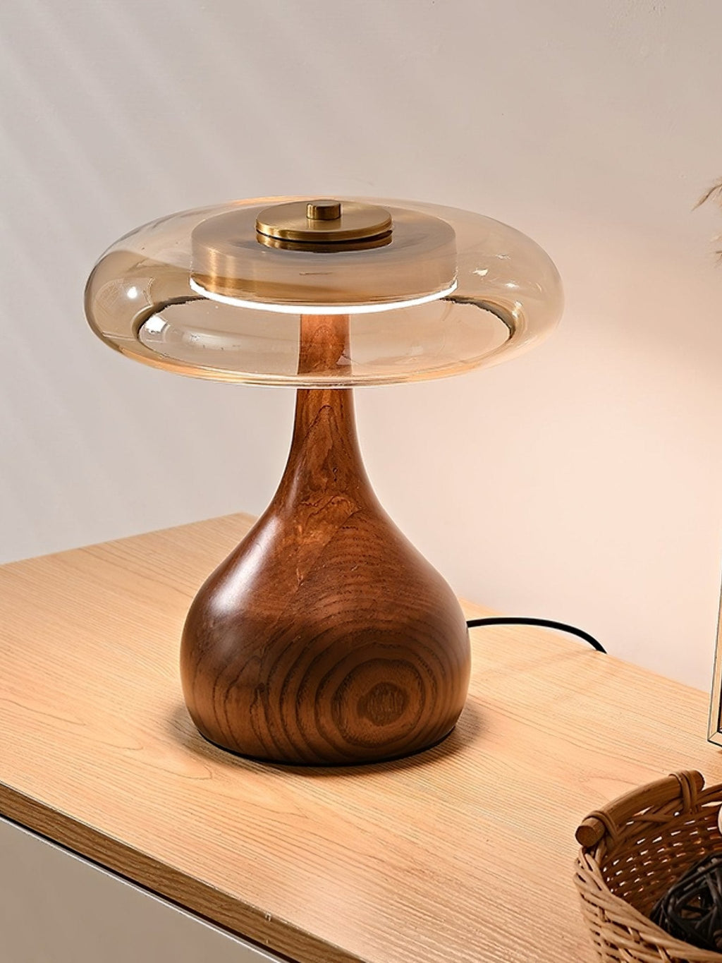 Wooden Table Lamp | Amber Glass Shade, Integrated LED & Warm Light for Indoor Use
