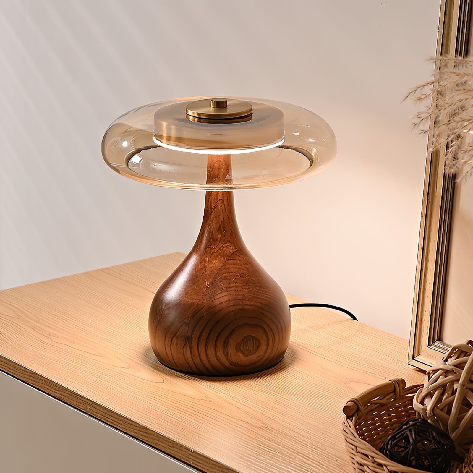 Wooden Table Lamp | Amber Glass Shade, Integrated LED & Warm Light for Indoor Use