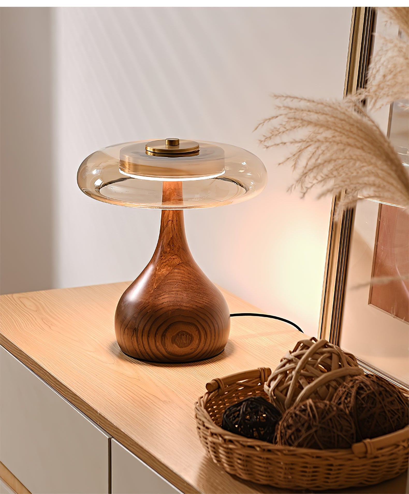 Wooden Table Lamp | Amber Glass Shade, Integrated LED & Warm Light for Indoor Use