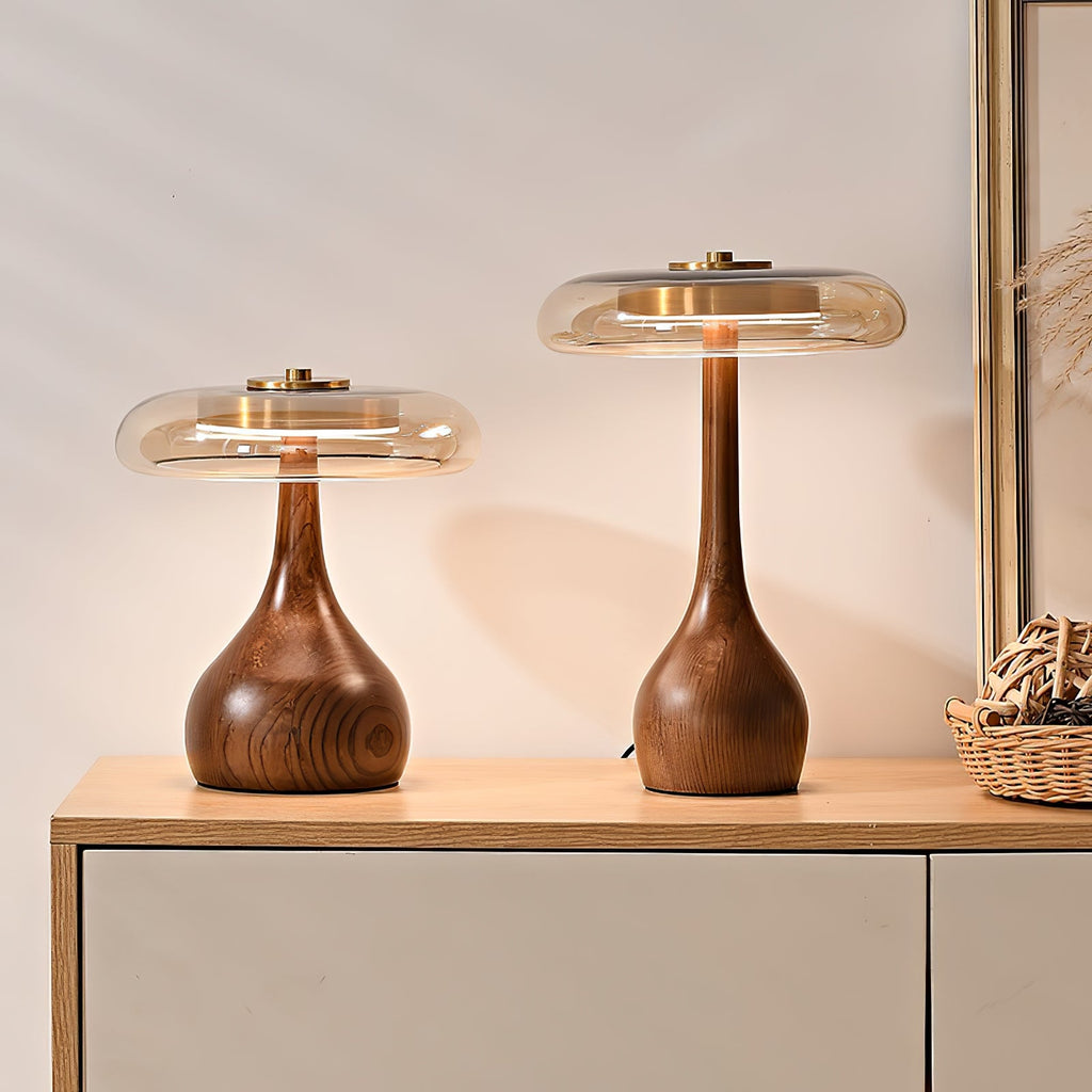 Wooden Table Lamp | Amber Glass Shade, Integrated LED & Warm Light for Indoor Use