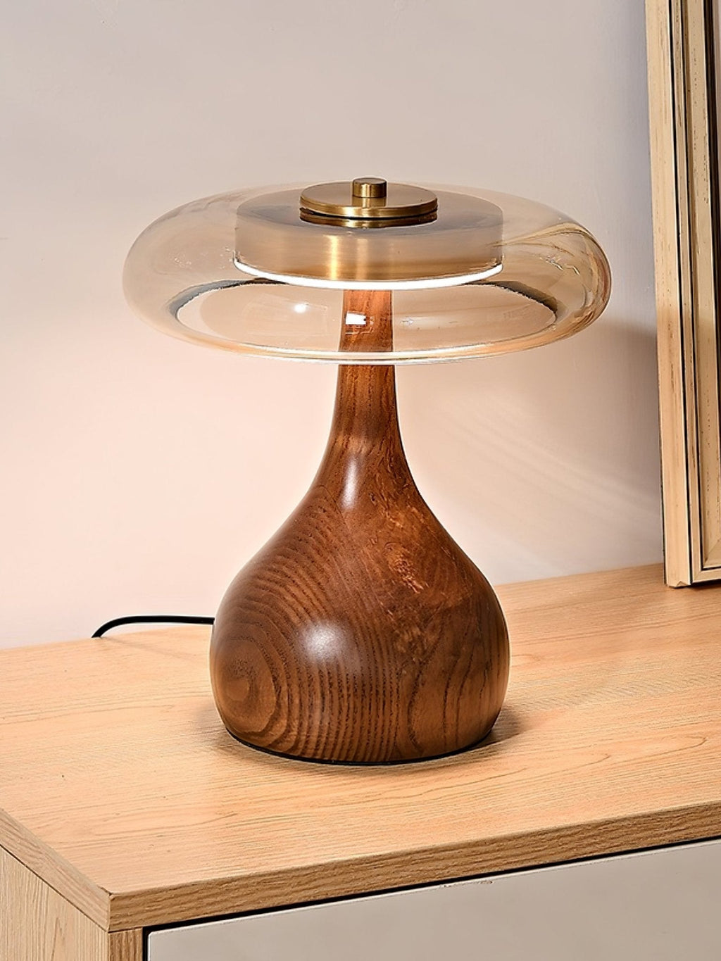 Wooden Table Lamp | Amber Glass Shade, Integrated LED & Warm Light for Indoor Use