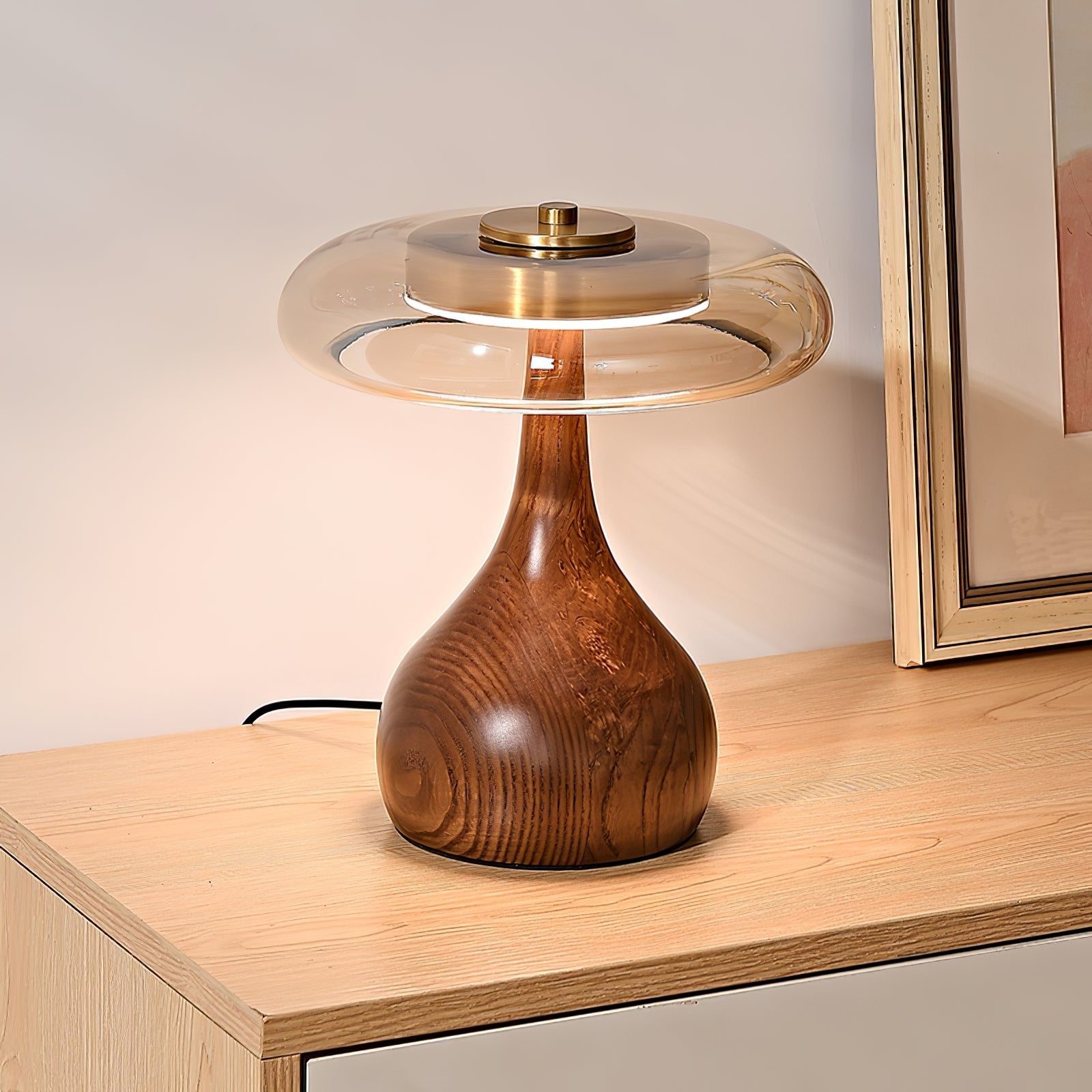 Wooden Table Lamp | Amber Glass Shade, Integrated LED & Warm Light for Indoor Use