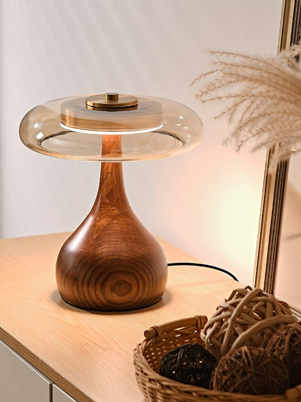 Wooden Table Lamp | Amber Glass Shade, Integrated LED & Warm Light for Indoor Use