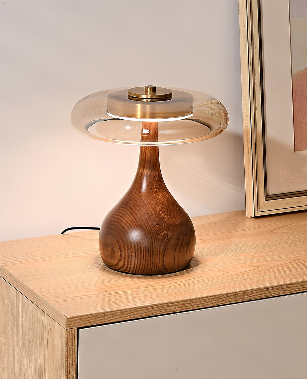 Wooden Table Lamp | Amber Glass Shade, Integrated LED & Warm Light for Indoor Use
