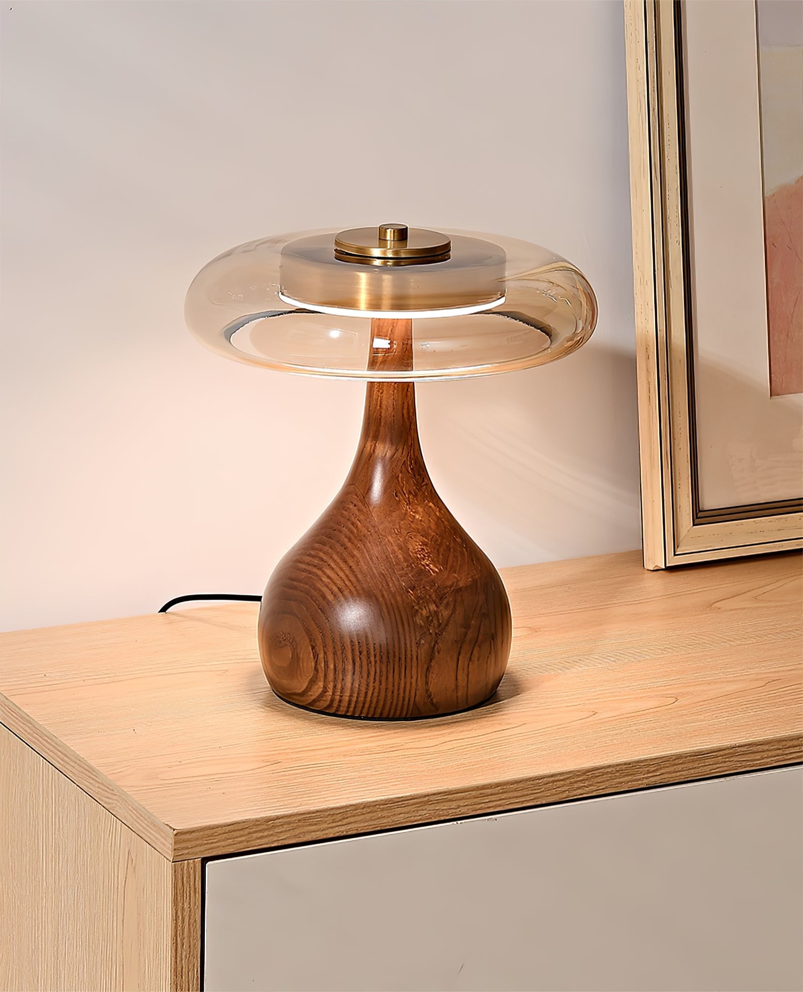 Wooden Table Lamp | Amber Glass Shade, Integrated LED & Warm Light for Indoor Use
