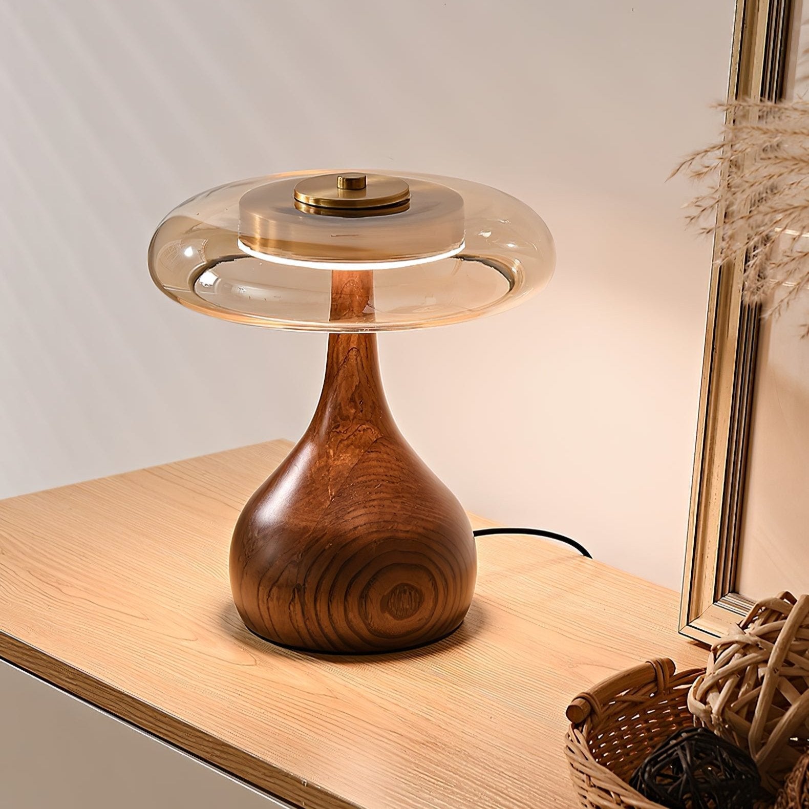 Wooden Table Lamp | Amber Glass Shade, Integrated LED & Warm Light for Indoor Use