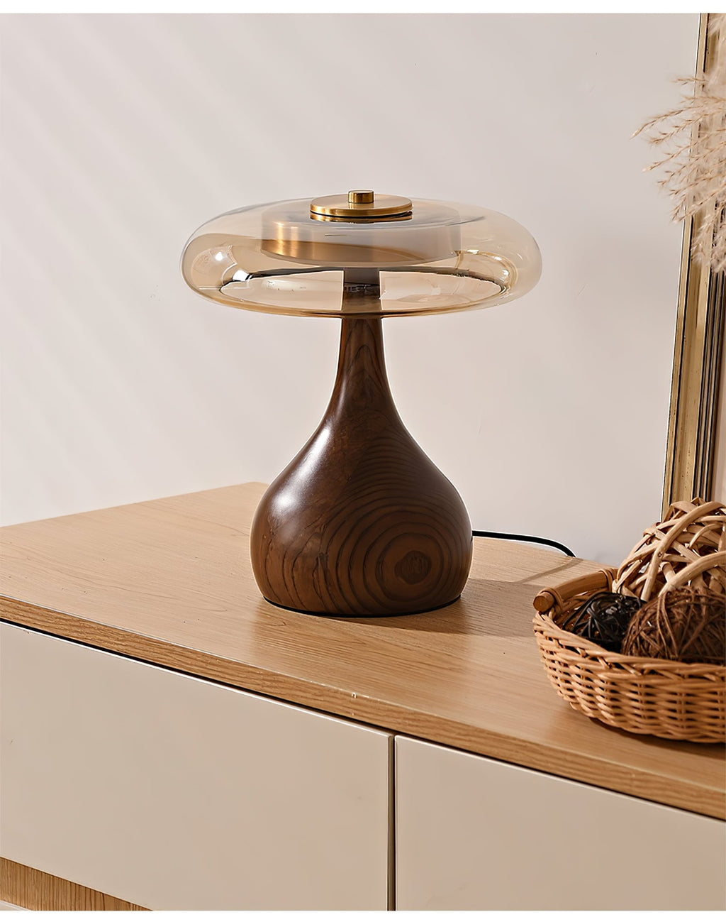 Wooden Table Lamp | Amber Glass Shade, Integrated LED & Warm Light for Indoor Use