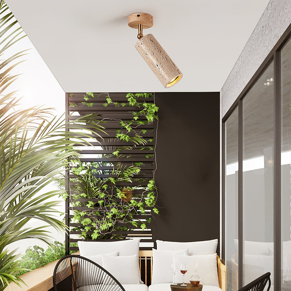 Yellow Travertine Ceiling Spotlight | Adjustable LED, Walnut Wood Mount for Contemporary Interiors