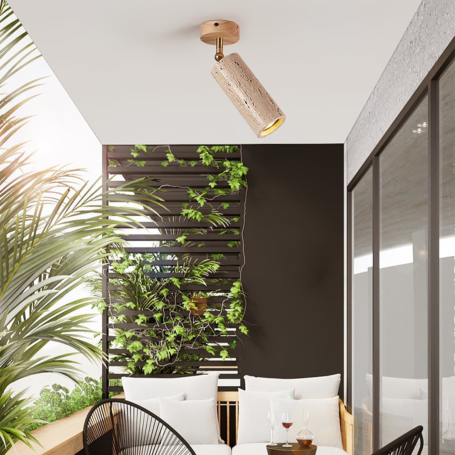 Yellow Travertine Ceiling Spotlight | Adjustable LED, Walnut Wood Mount for Contemporary Interiors