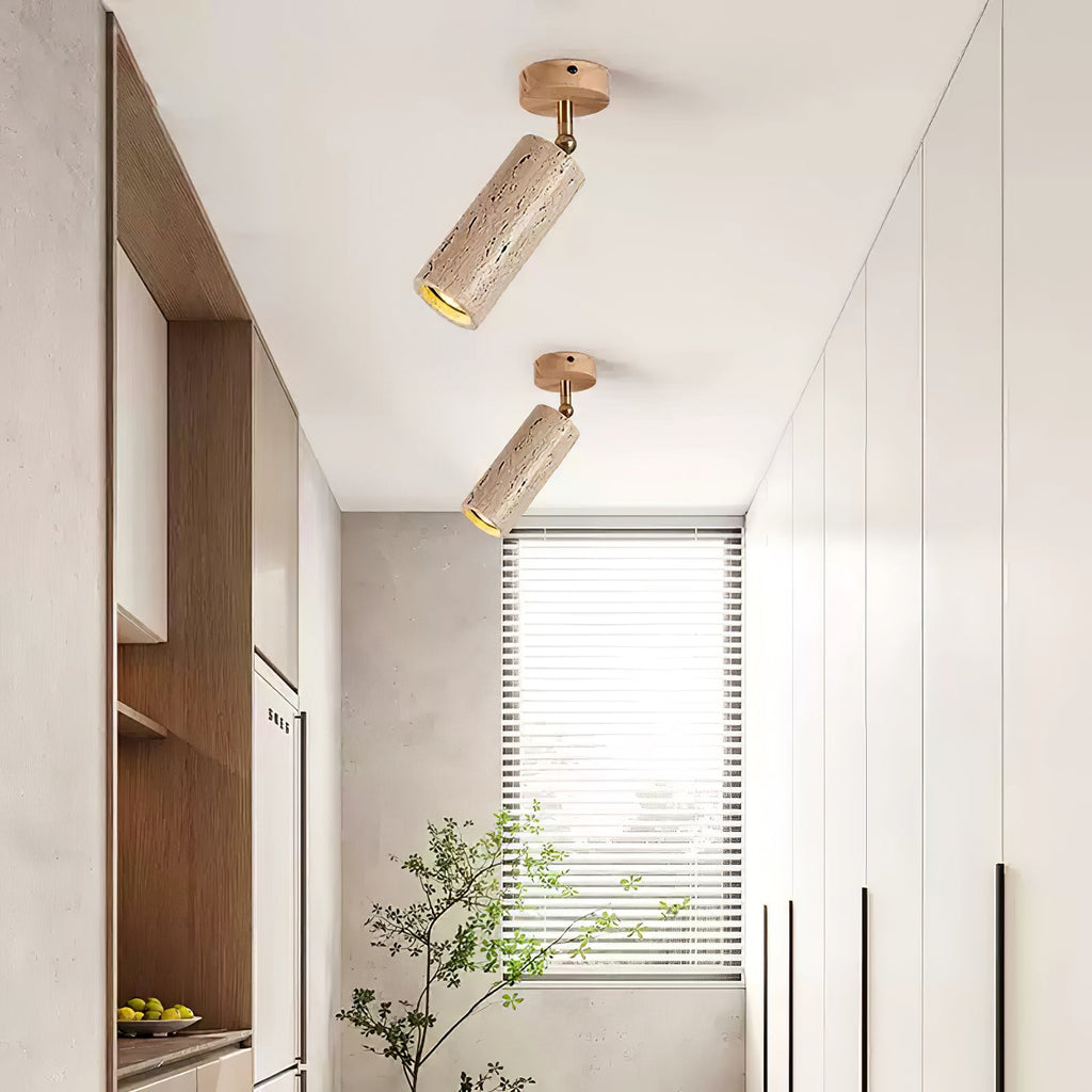Yellow Travertine Ceiling Spotlight | Adjustable LED, Walnut Wood Mount for Contemporary Interiors