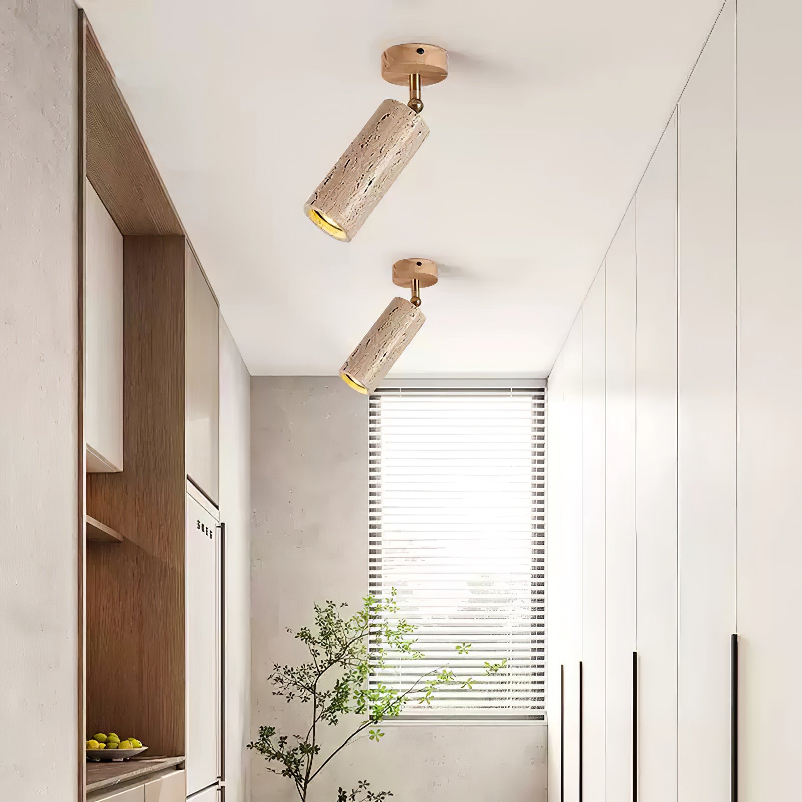 Yellow Travertine Ceiling Spotlight | Adjustable LED, Walnut Wood Mount for Contemporary Interiors