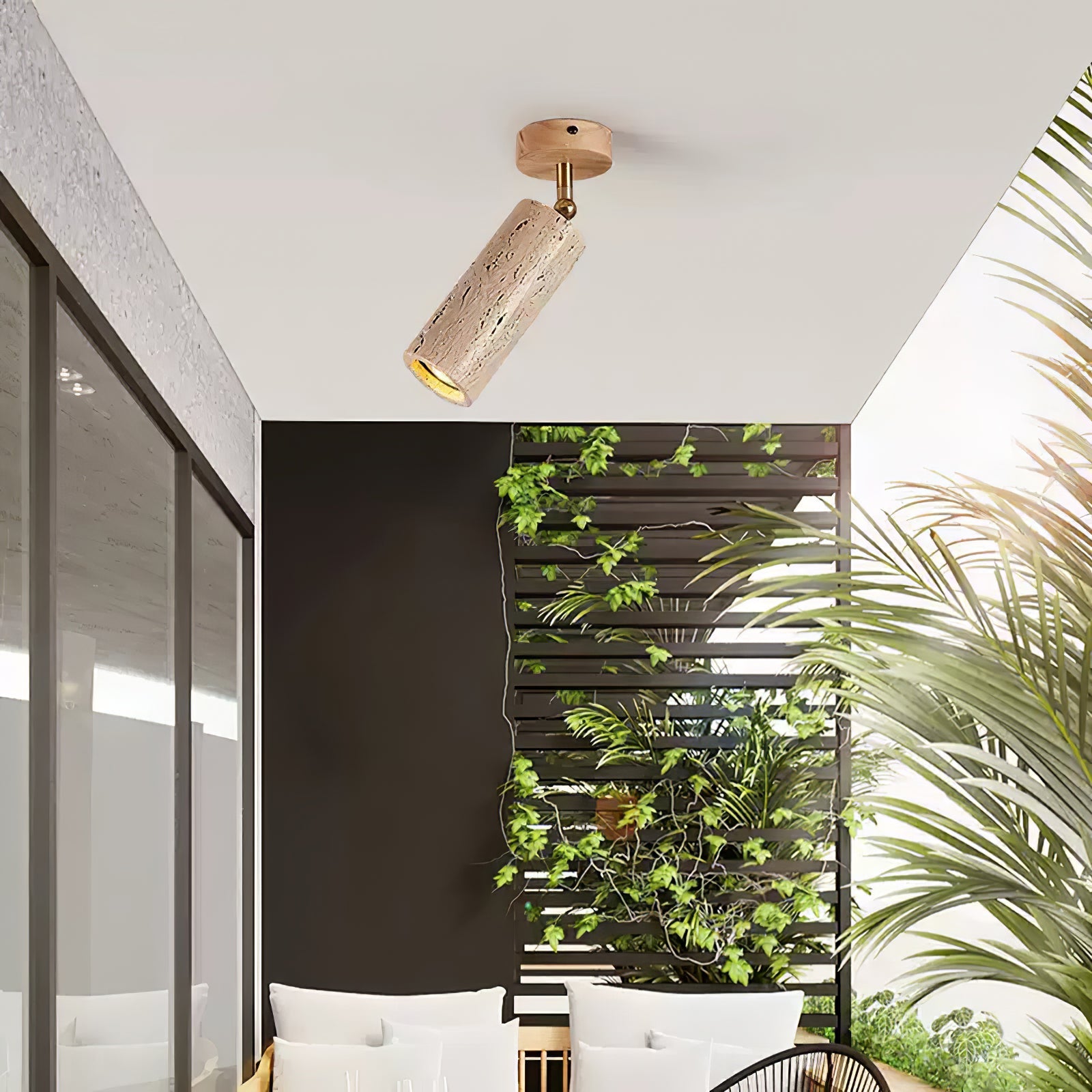Yellow Travertine Ceiling Spotlight | Adjustable LED, Walnut Wood Mount for Contemporary Interiors