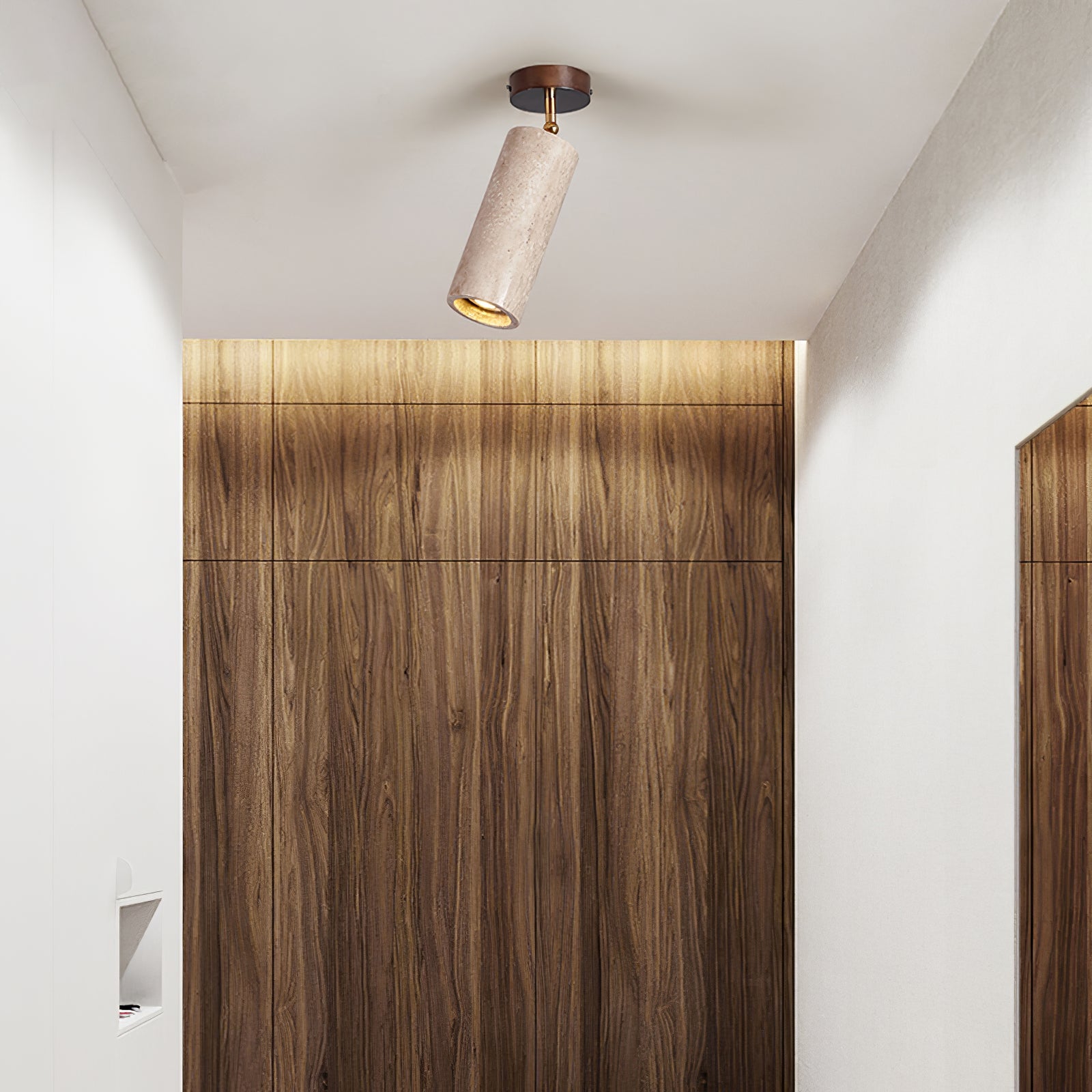 Yellow Travertine Ceiling Spotlight | Adjustable LED, Walnut Wood Mount for Contemporary Interiors