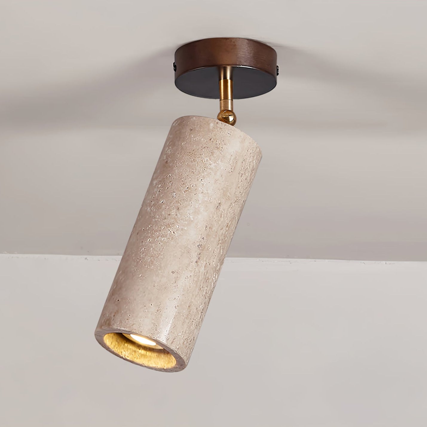 Yellow Travertine Ceiling Spotlight | Adjustable LED, Walnut Wood Mount for Contemporary Interiors