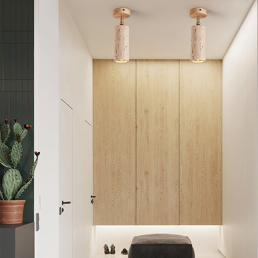 Yellow Travertine Ceiling Spotlight | Adjustable LED, Walnut Wood Mount for Contemporary Interiors