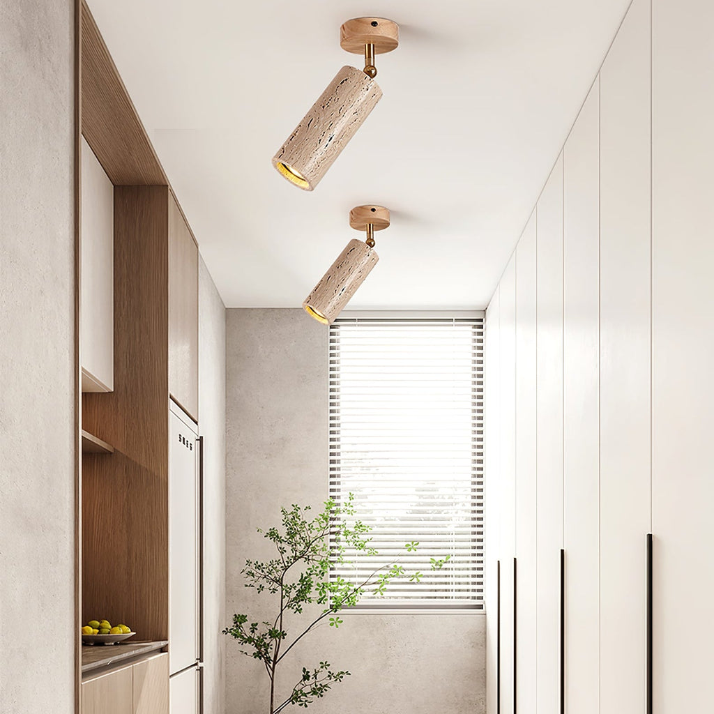 Yellow Travertine Ceiling Spotlight | Adjustable LED, Walnut Wood Mount for Contemporary Interiors