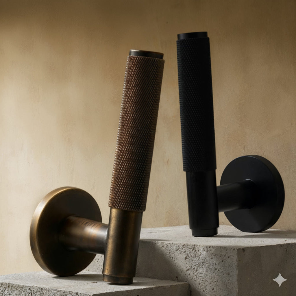 Brass Door Handle | Knurled Grip, Square & Round Rosette Options for Modern Interior Design