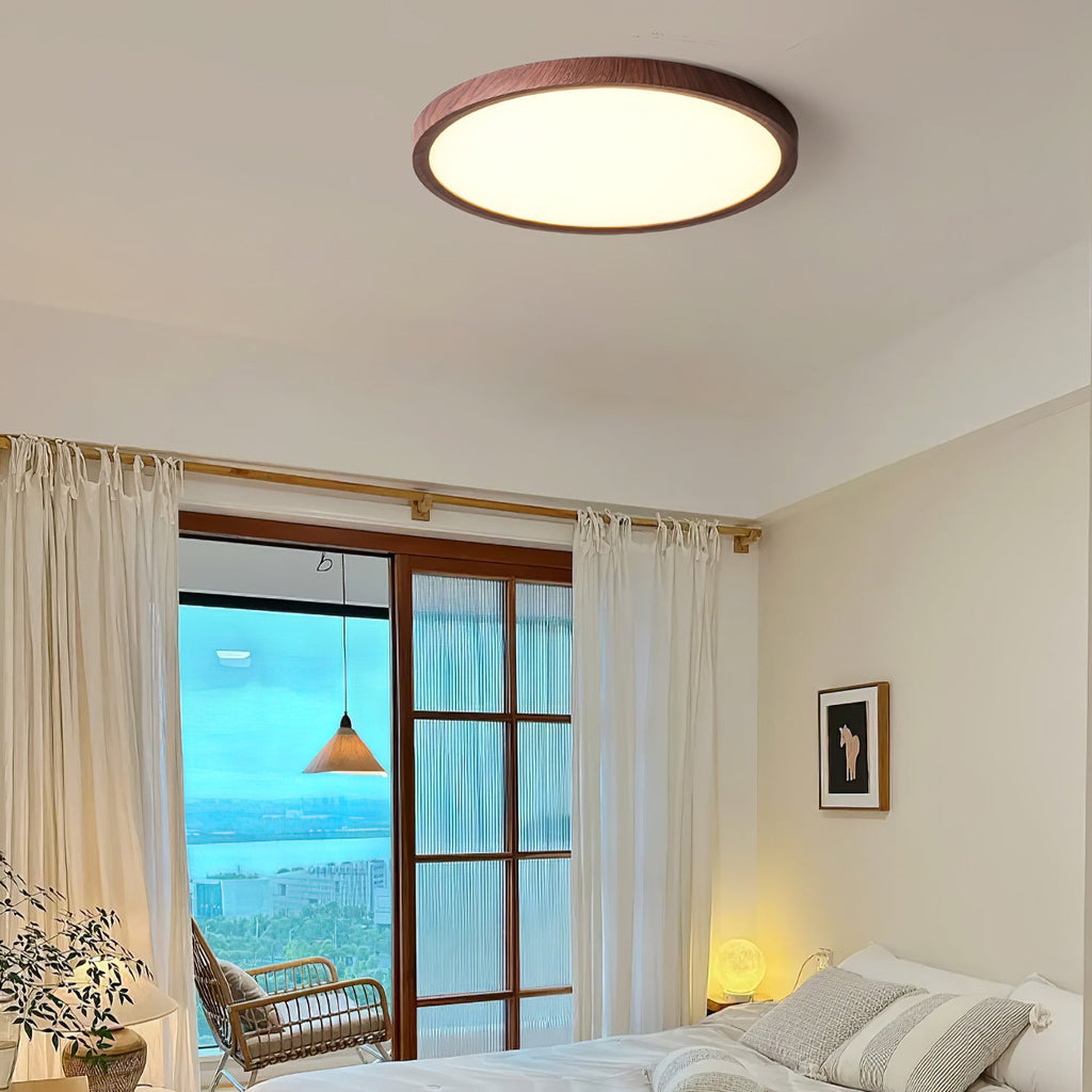 Ultrathin Round Ceiling Light | Acrylic, Walnut Wood Finish & Damp-Rated for Indoor Use in Kitchens and Bathrooms