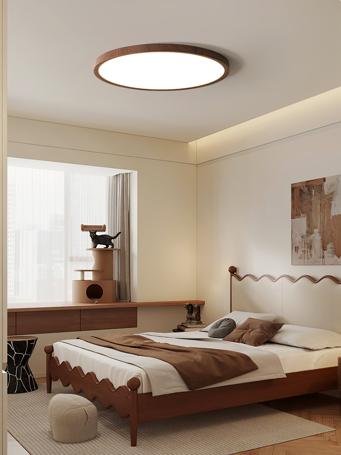 Ultrathin Round Ceiling Light | Acrylic, Walnut Wood Finish & Damp-Rated for Indoor Use in Kitchens and Bathrooms
