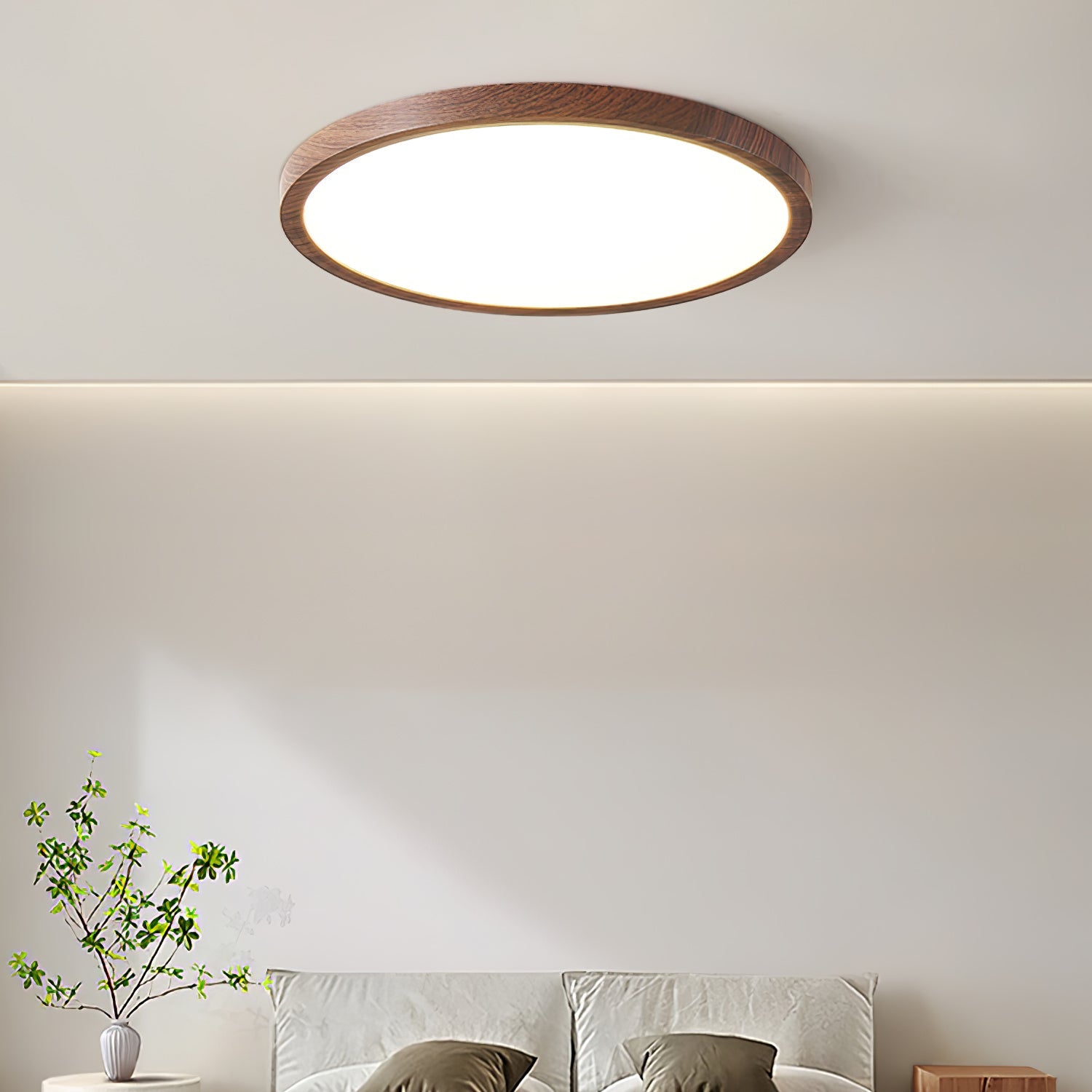 Ultrathin Round Ceiling Light | Acrylic, Walnut Wood Finish & Damp-Rated for Indoor Use in Kitchens and Bathrooms
