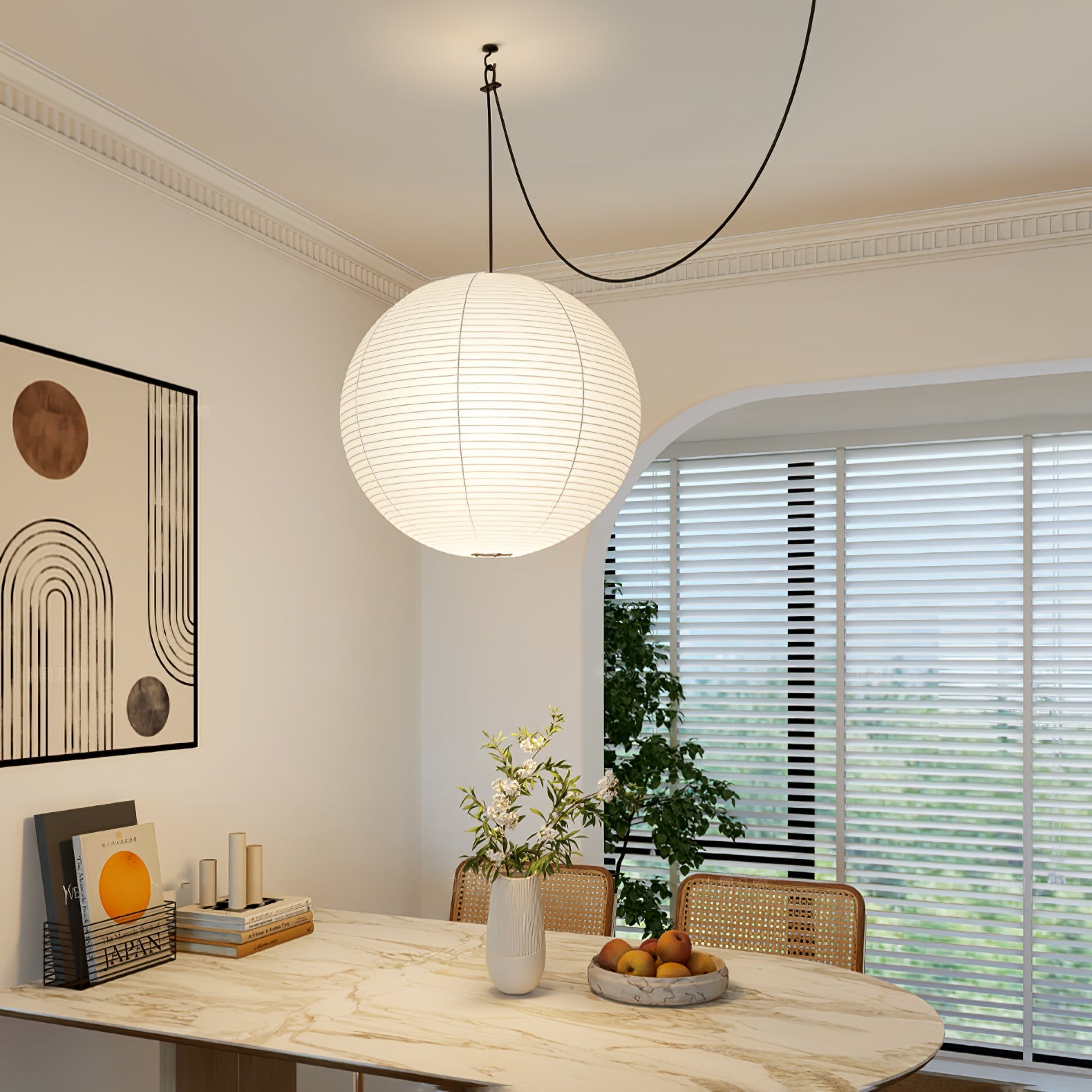 Pendant Swag Light | Handmade Mulberry Paper, Mid-Century Modern Design for Indoor Spaces