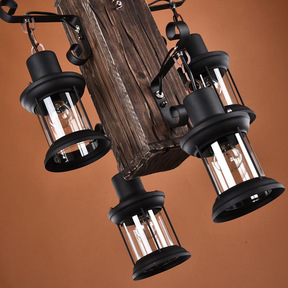 Farmhouse Wooden Chandelier with 4 Lantern Lights for Dining Room & Rustic Decor