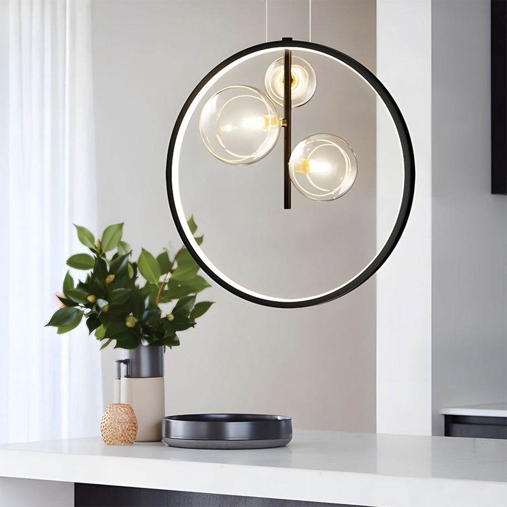 Modern Glass Globe Pendant Light | Adjustable Height & Chic Black Finish with Warm LED for Dining Room or Bedroom Elegance