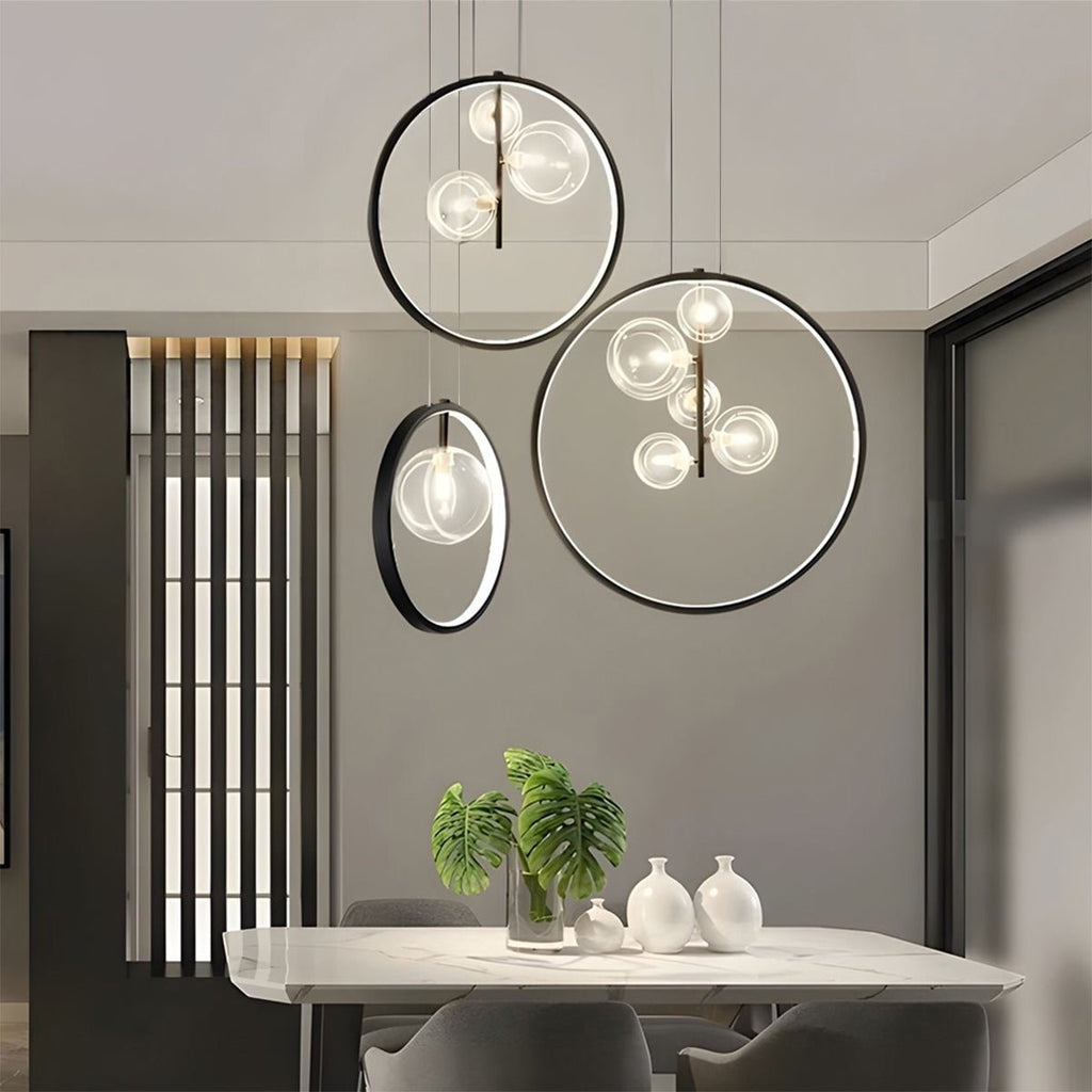 Modern Glass Globe Pendant Light | Adjustable Height & Chic Black Finish with Warm LED for Dining Room or Bedroom Elegance