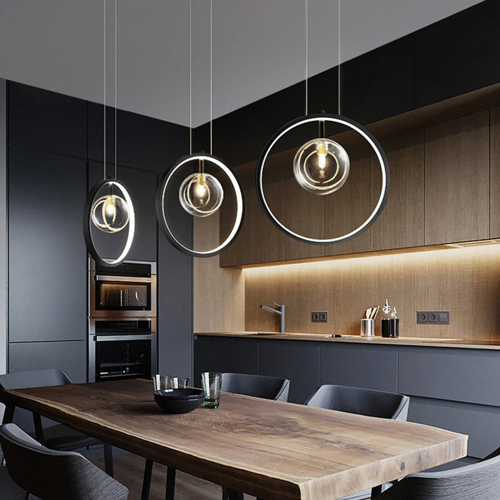 Modern Glass Globe Pendant Light | Adjustable Height & Chic Black Finish with Warm LED for Dining Room or Bedroom Elegance