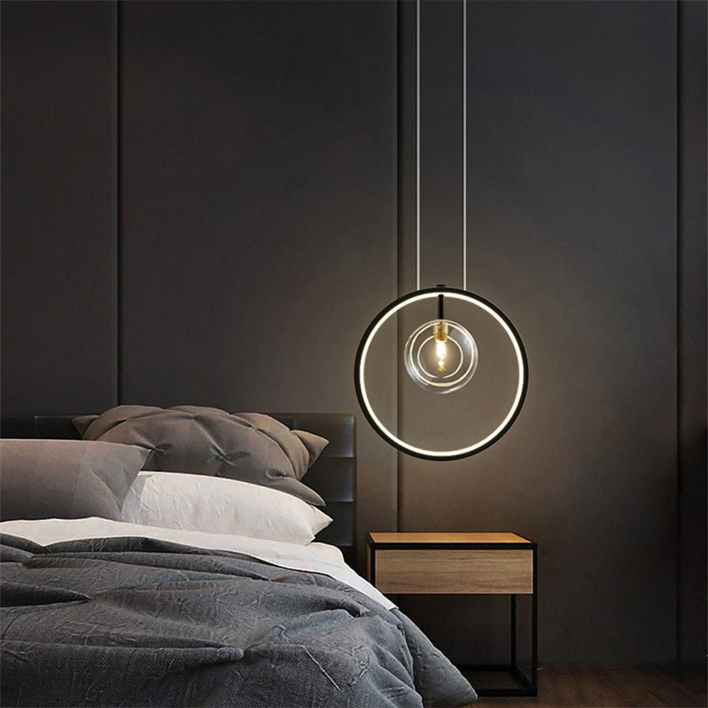 Modern Glass Globe Pendant Light | Adjustable Height & Chic Black Finish with Warm LED for Dining Room or Bedroom Elegance