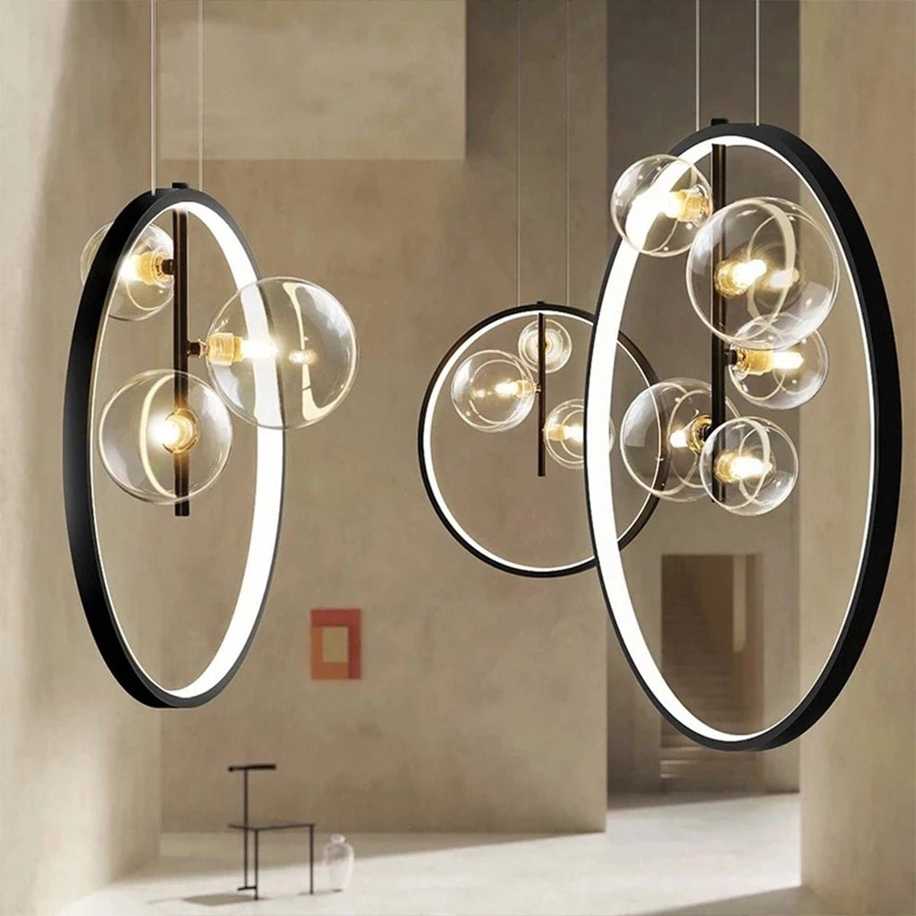 Modern Glass Globe Pendant Light | Adjustable Height & Chic Black Finish with Warm LED for Dining Room or Bedroom Elegance