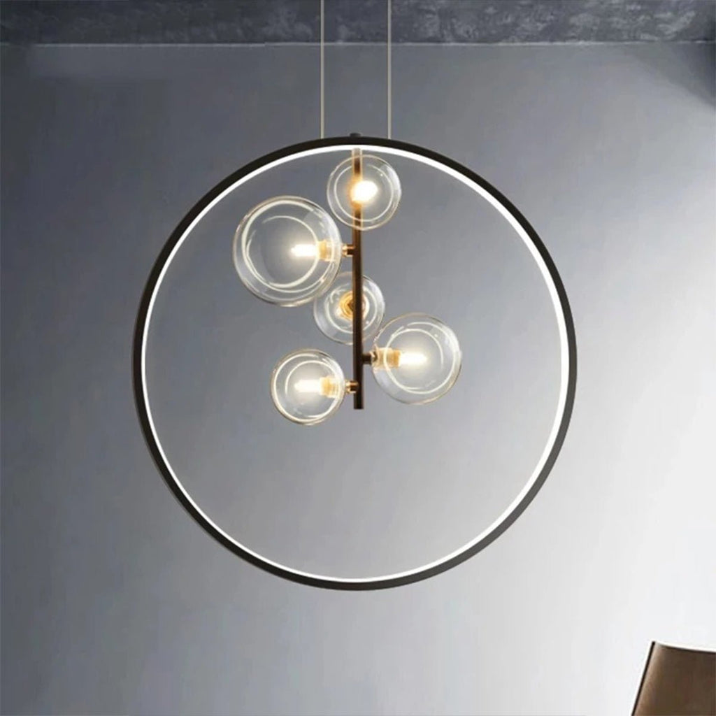 Modern Glass Globe Pendant Light | Adjustable Height & Chic Black Finish with Warm LED for Dining Room or Bedroom Elegance