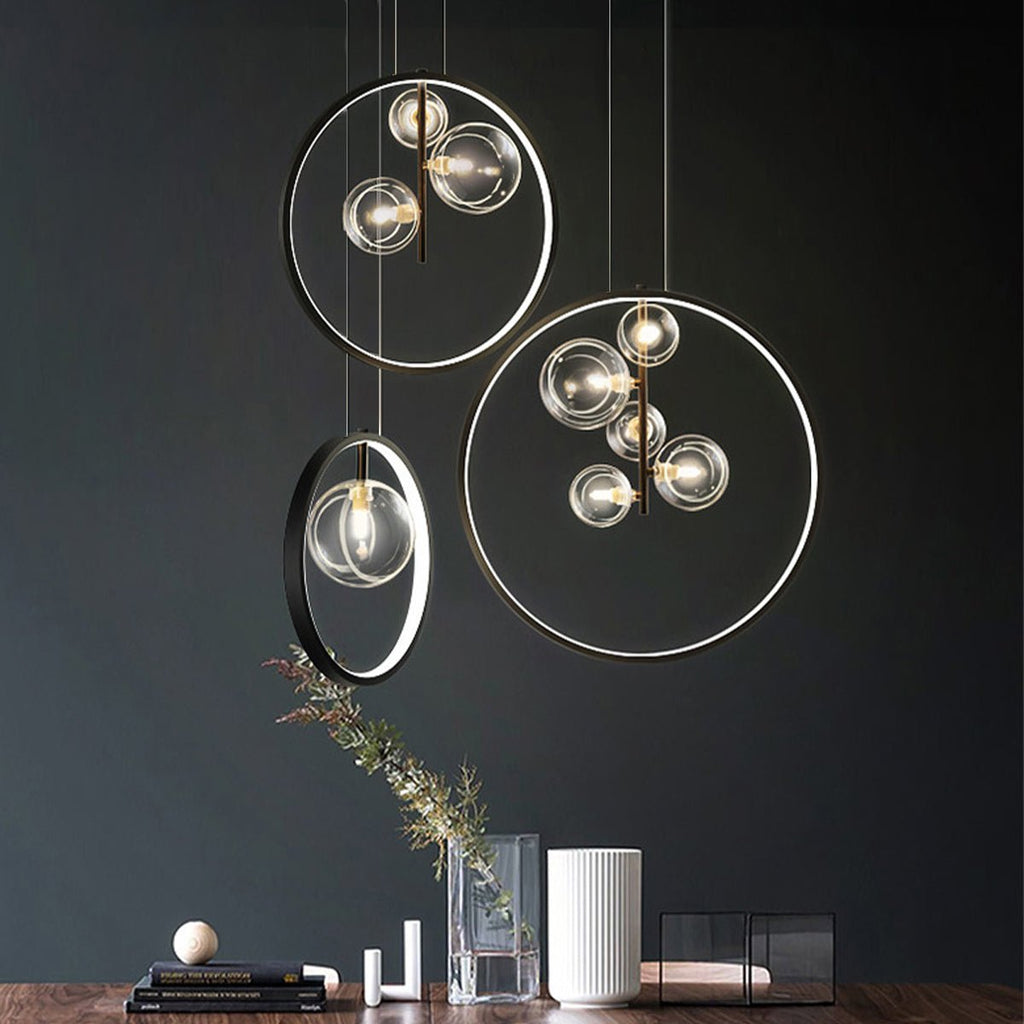 Modern Glass Globe Pendant Light | Adjustable Height & Chic Black Finish with Warm LED for Dining Room or Bedroom Elegance