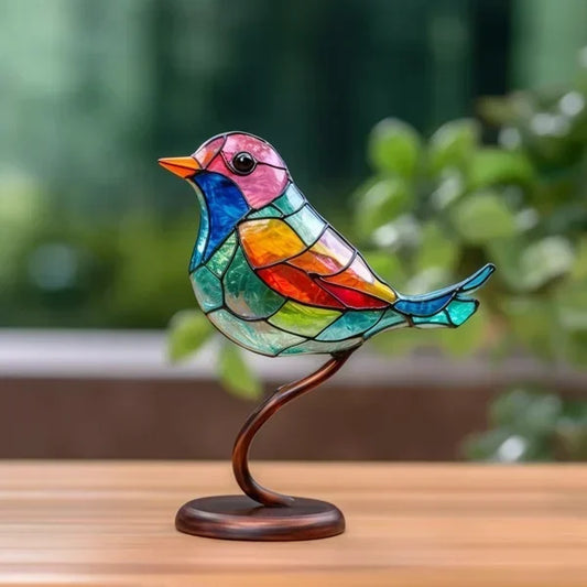 Glass Rainbow Birds Collection: Beautiful Stained Glass Birds on Branch Ornaments for Artistic Displays