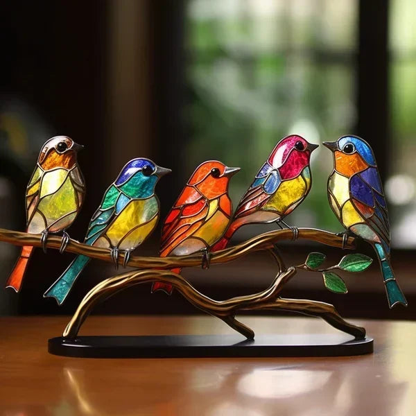 Glass Rainbow Birds Collection: Beautiful Stained Glass Birds on Branch Ornaments for Artistic Displays