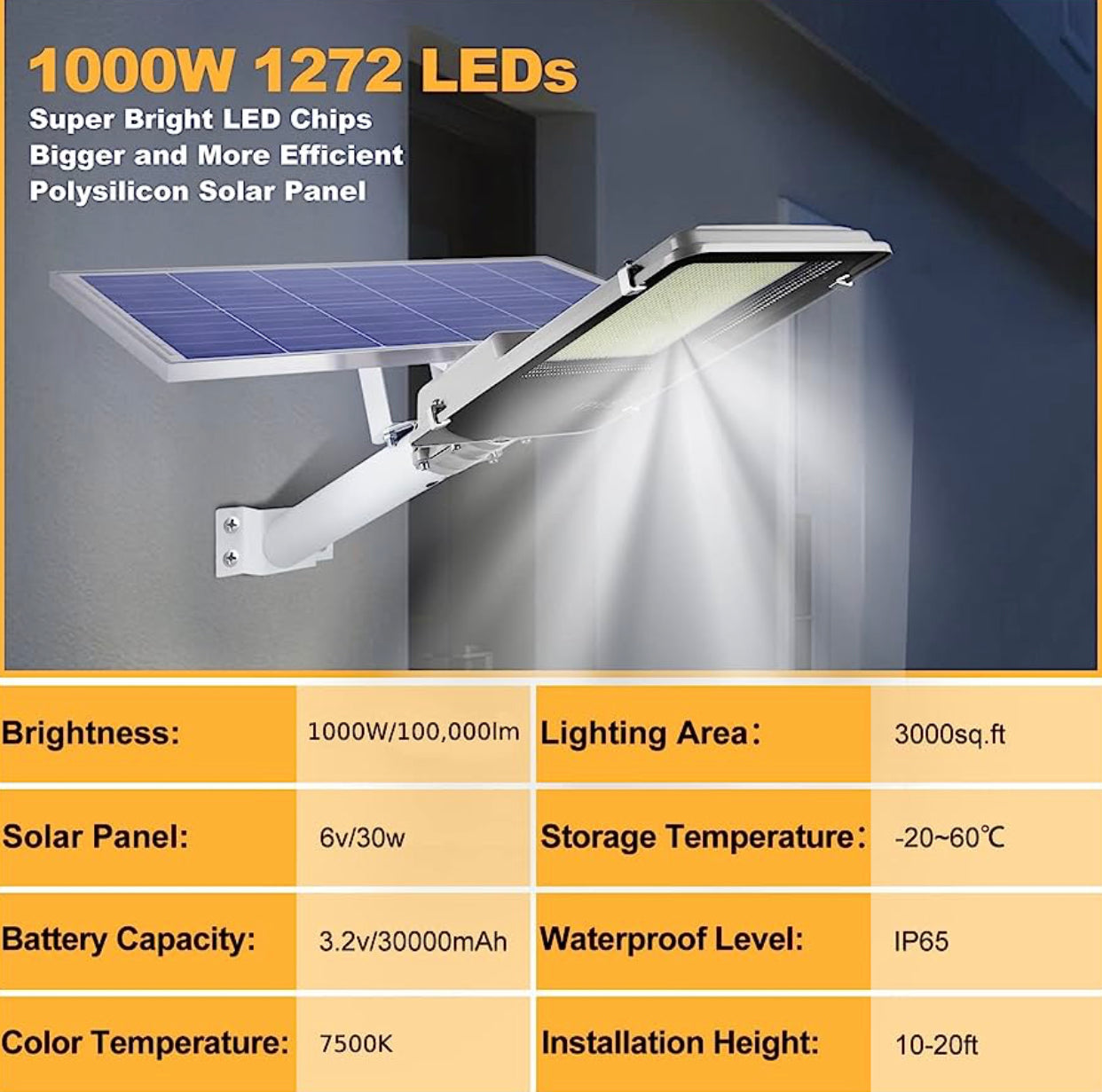 1000W Commercial Solar Street Light with 100000 Lumens, Dusk to Dawn Operation & Remote Control for Outdoor Use