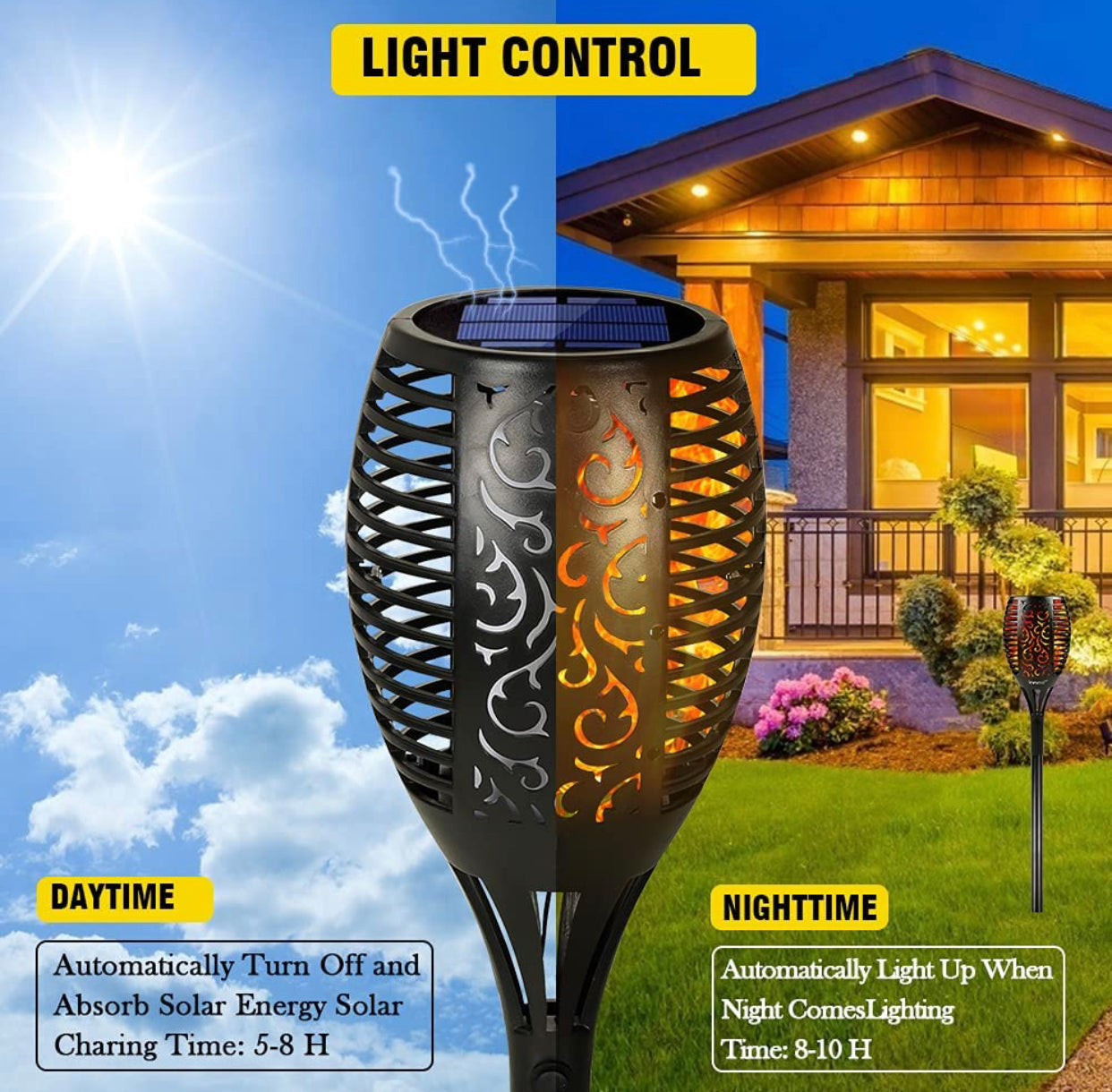 Solar LED Flame Torch Lights - 4 Pack Outdoor Flickering Fire Lamps for Lawn, Garden, and Patio Lighting