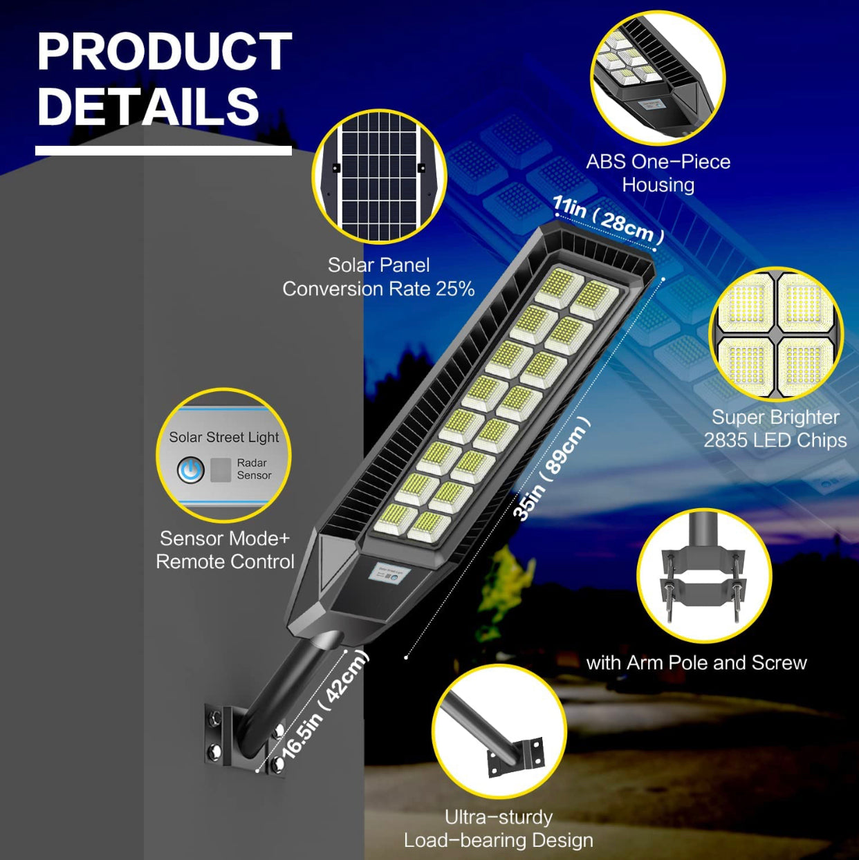 1600W Solar Street Lights (2 Pack) - 90000 Lumens, Dusk to Dawn, Remote Control & Motion Sensor for Outdoor Security Lighting