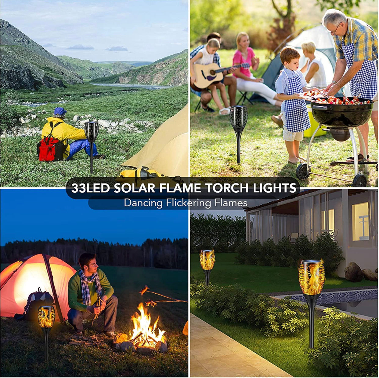 Solar LED Flame Torch Lights - 4 Pack Outdoor Flickering Fire Lamps for Lawn, Garden, and Patio Lighting