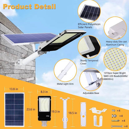 1000W Commercial Solar Street Light with 100000 Lumens, Dusk to Dawn Operation & Remote Control for Outdoor Use