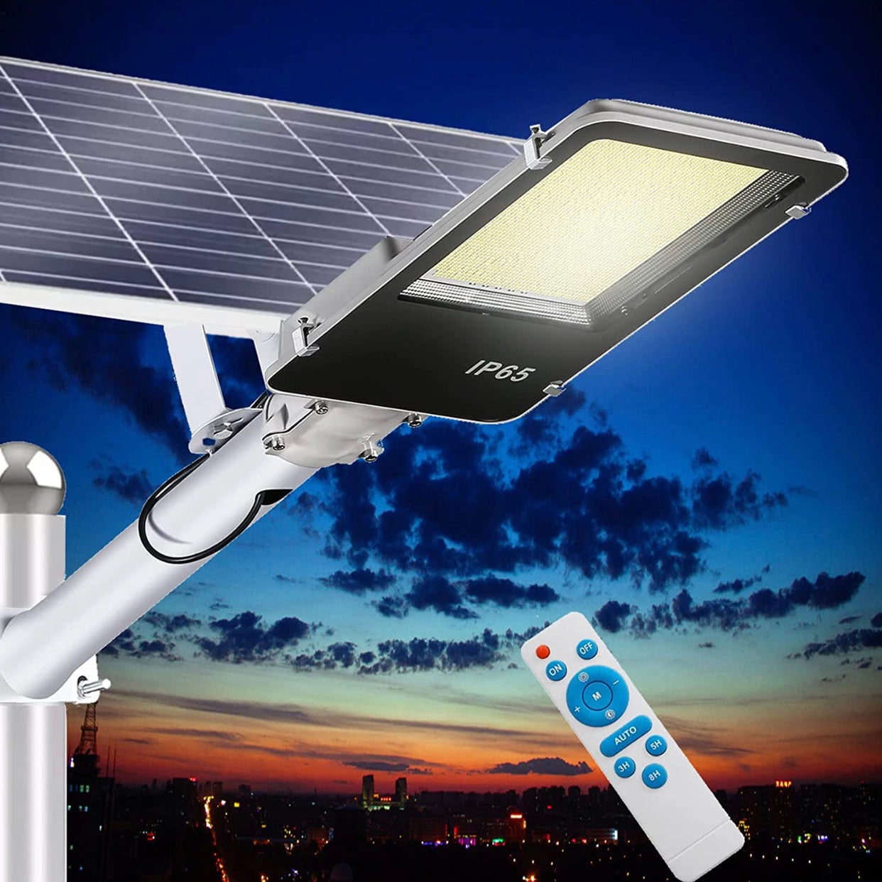 1000W Commercial Solar Street Light with 100000 Lumens, Dusk to Dawn Operation & Remote Control for Outdoor Use