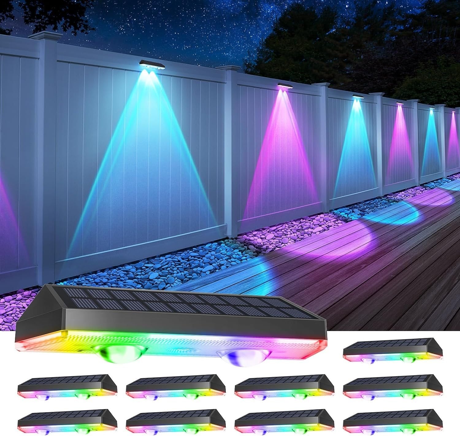Solar Fence Lights Outdoor Waterproof – Warm White & RGB LED Deck, Railing, Patio & Stair Lights with 8 Color Modes and Memory Function