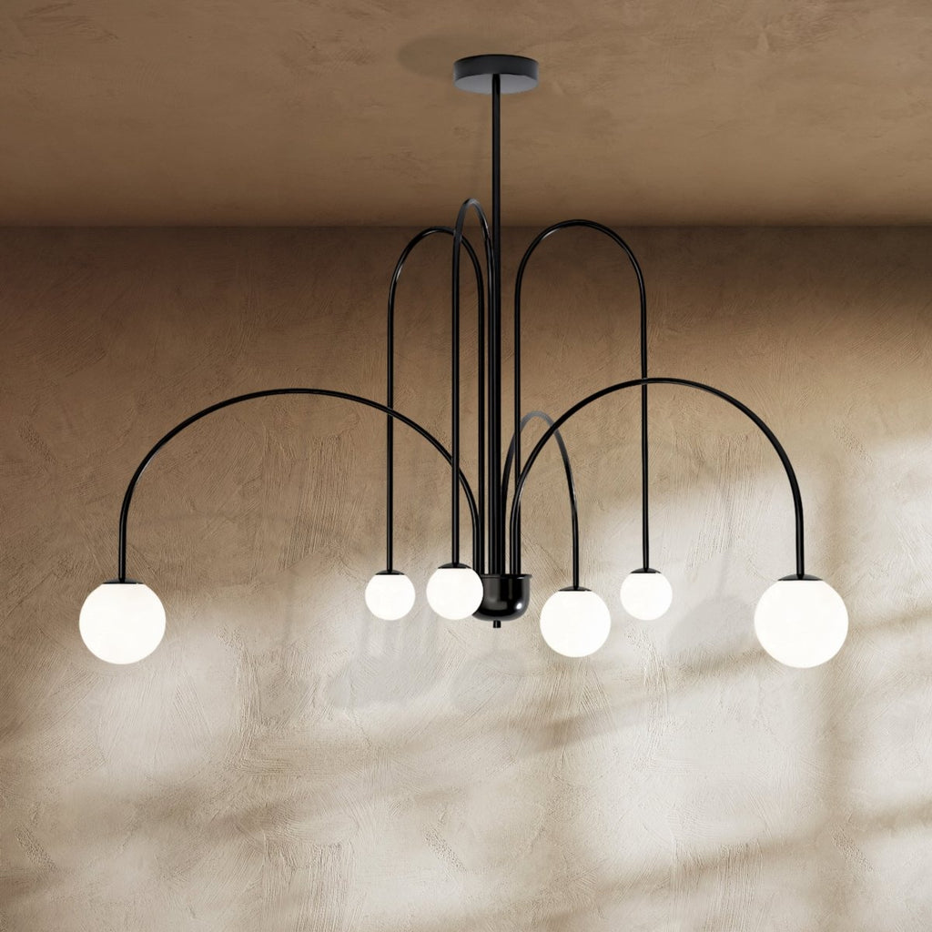 Art Deco Chandelier | Hand-Blown Opal Glass & Geometric Iron Design for Dining Room or Entryway