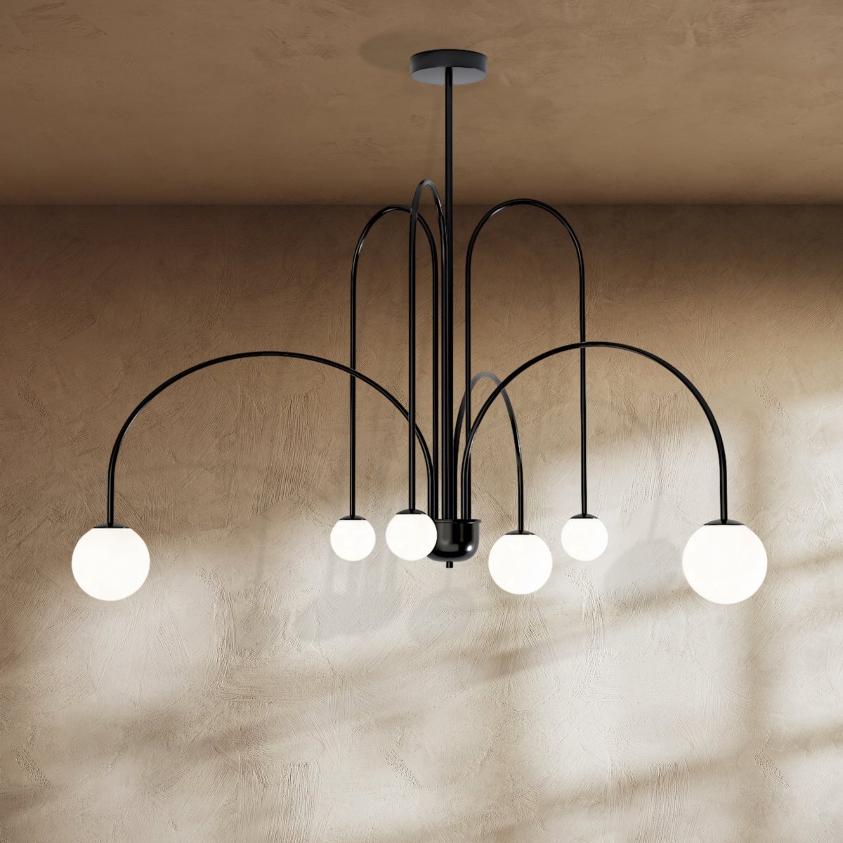 Art Deco Chandelier | Hand-Blown Opal Glass & Geometric Iron Design for Dining Room or Entryway