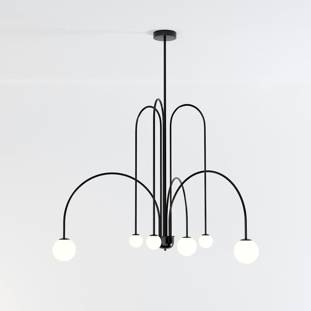 Art Deco Chandelier | Hand-Blown Opal Glass & Geometric Iron Design for Dining Room or Entryway