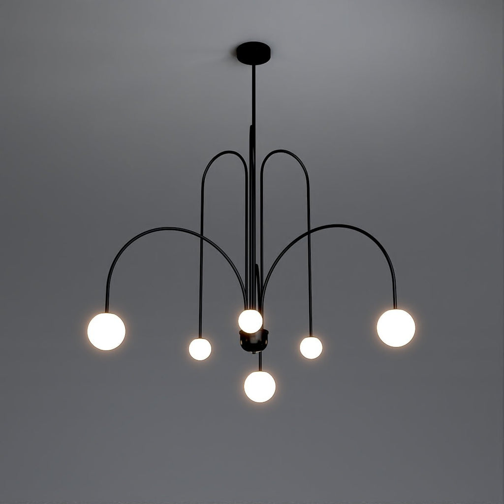 Art Deco Chandelier | Hand-Blown Opal Glass & Geometric Iron Design for Dining Room or Entryway